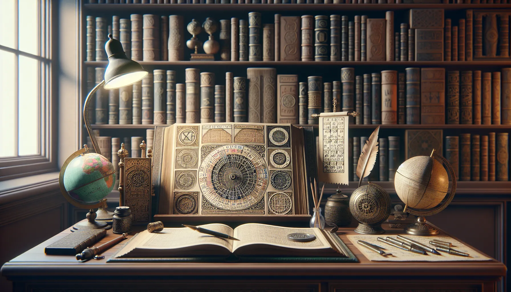 Objects representing various historical dating systems on a desk in a cozy library.
