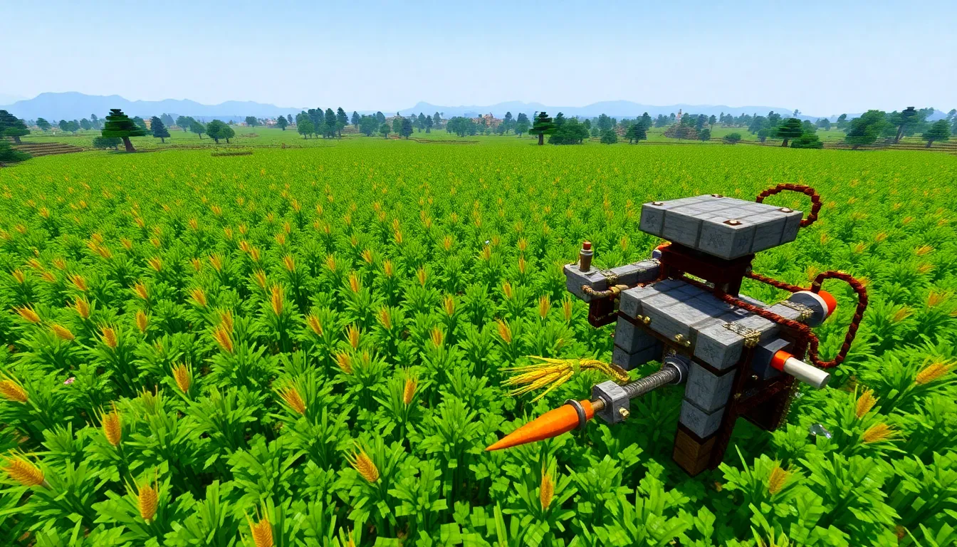 a vibrant automatic farm in a Minecraft landscape.