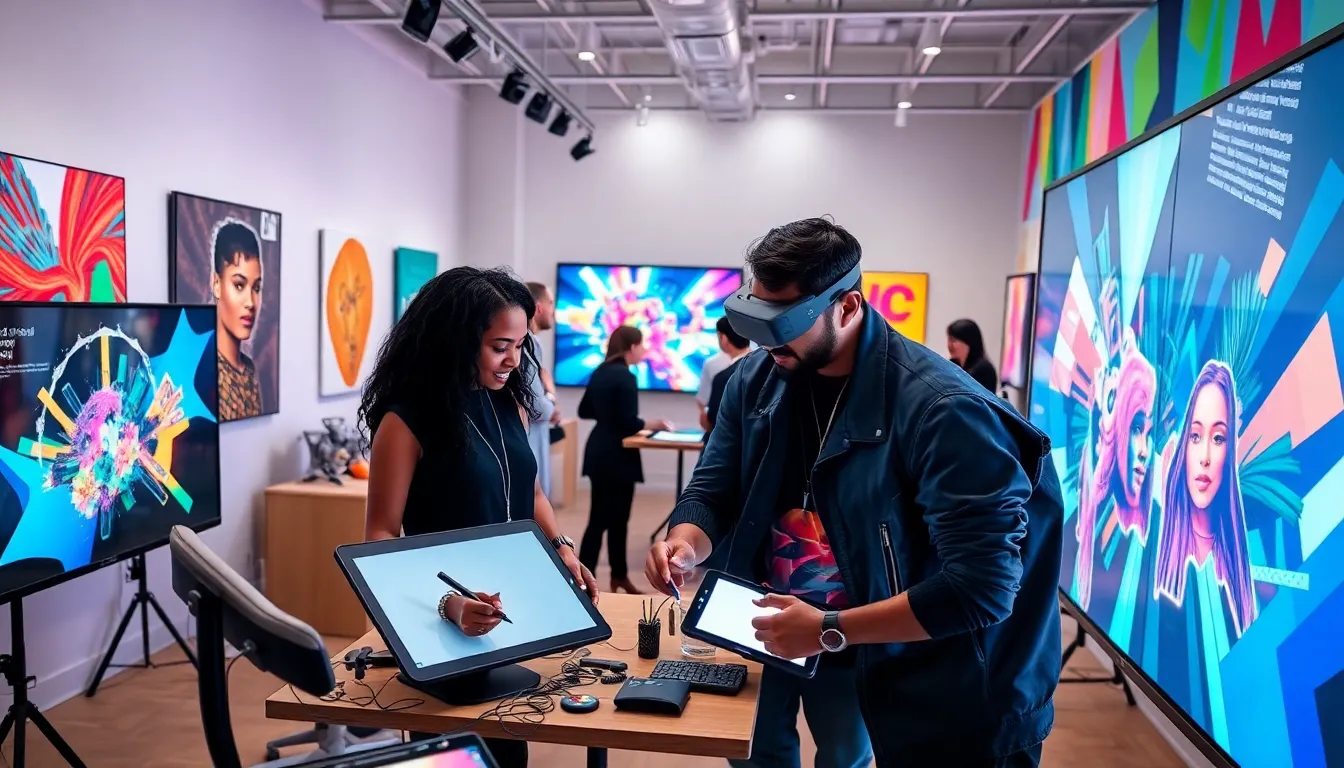 diverse artists collaborating with technology in a modern studio.