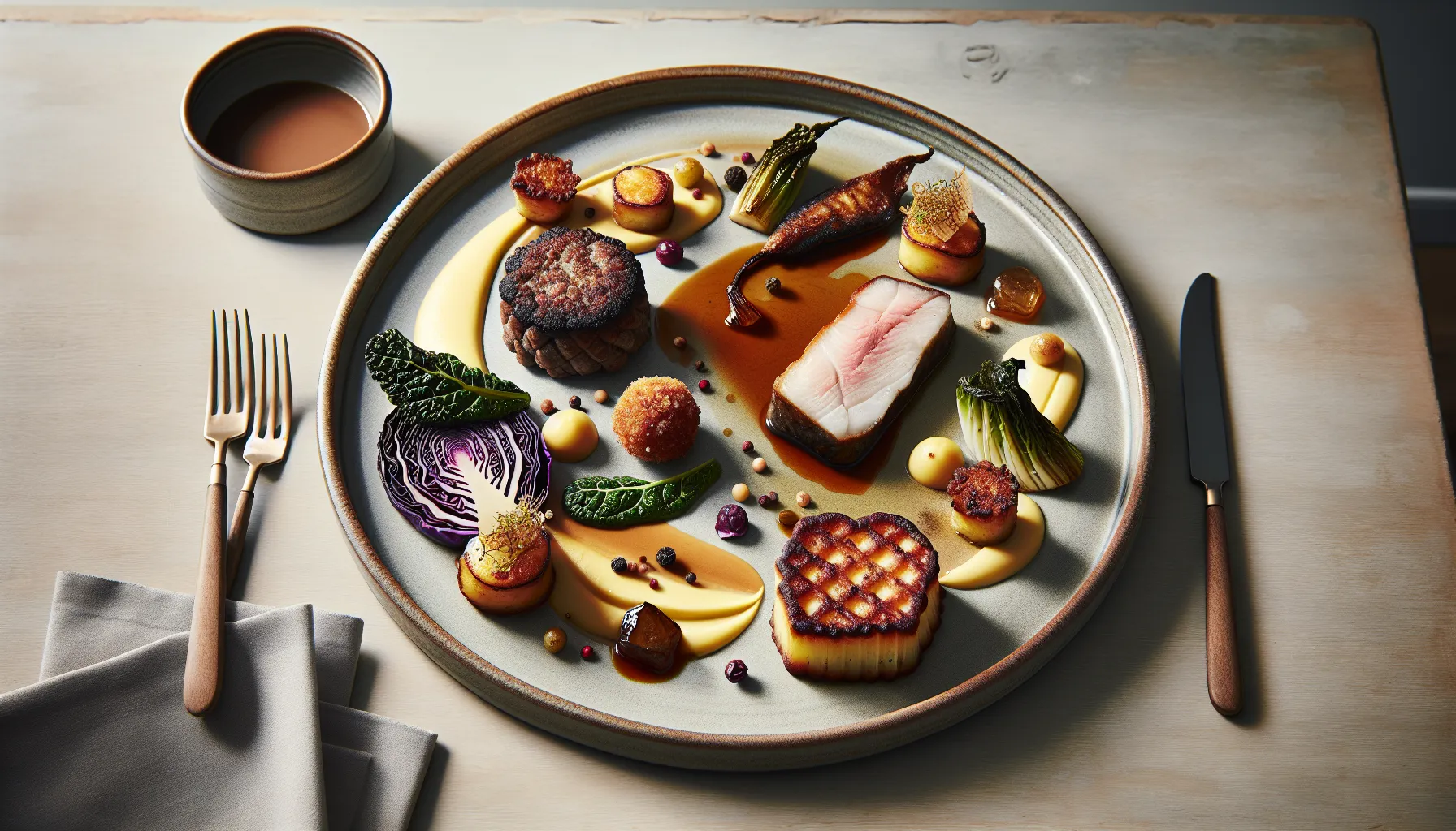 Hvordan lage tradisjonelle norske retter med en moderne vri 2 Modern plated norwegian classics with lamb, cod, meatballs and colorful vegetables.