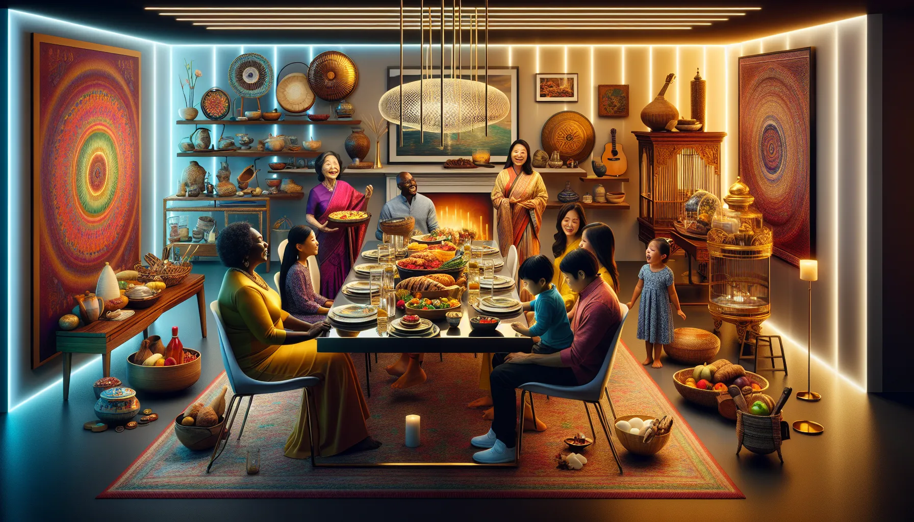 diverse family gathering sharing food and stories in a modern home.