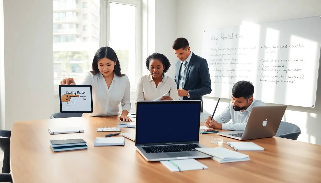 diverse group discussing rental needs in a modern office.