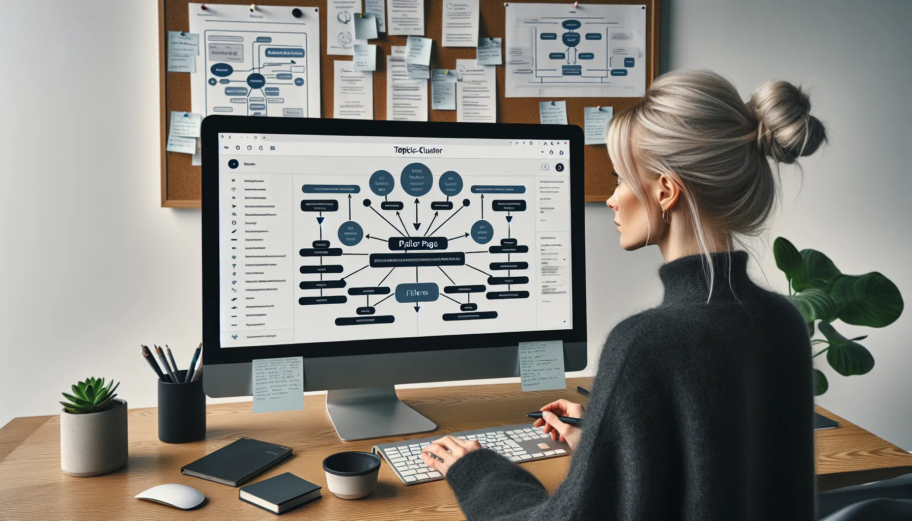 Norwegian specialist reviews topic clusters, breadcrumbs, and clean urls on a monitor.