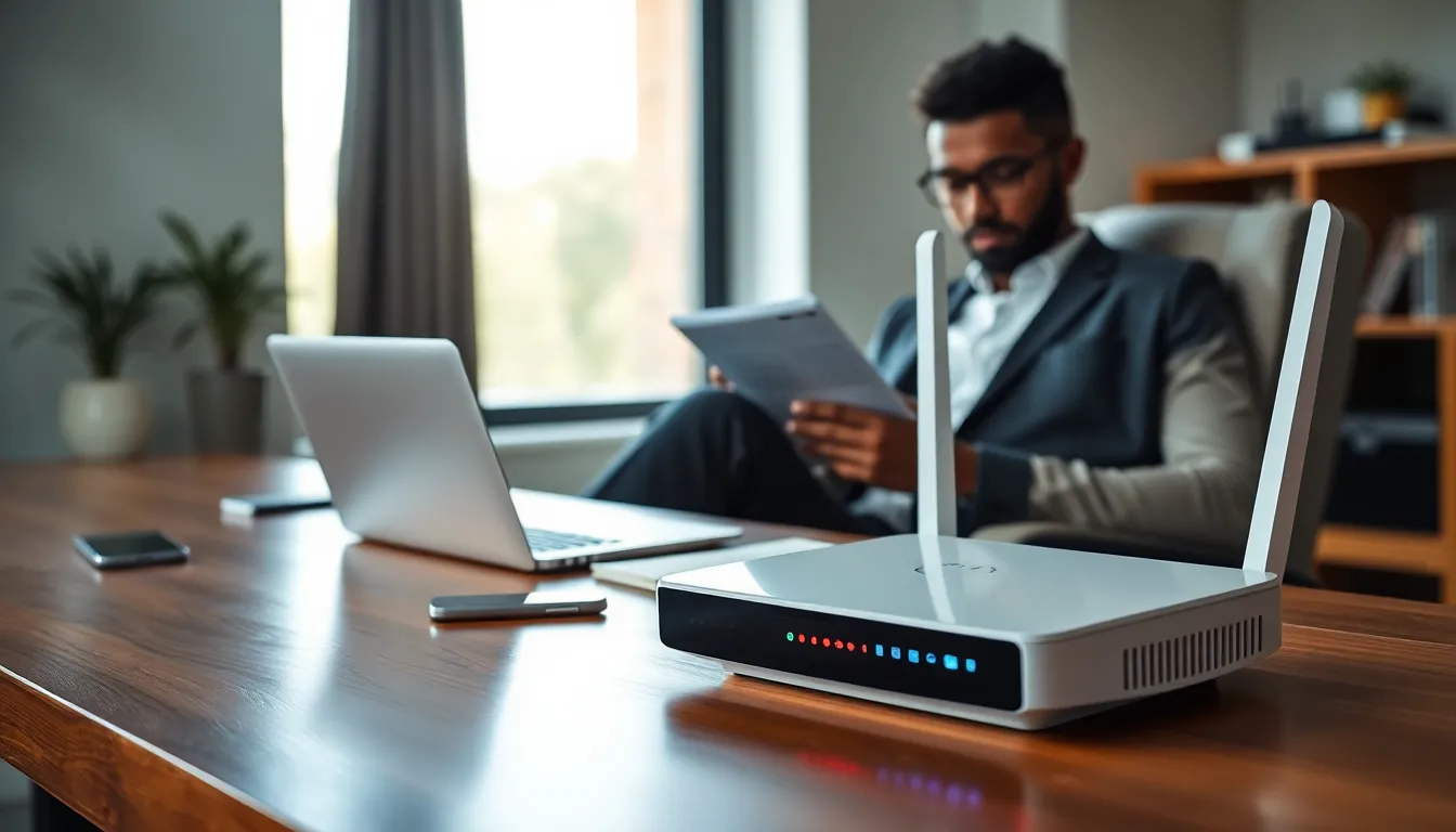 WiFi router with a red warning light in a modern home office.