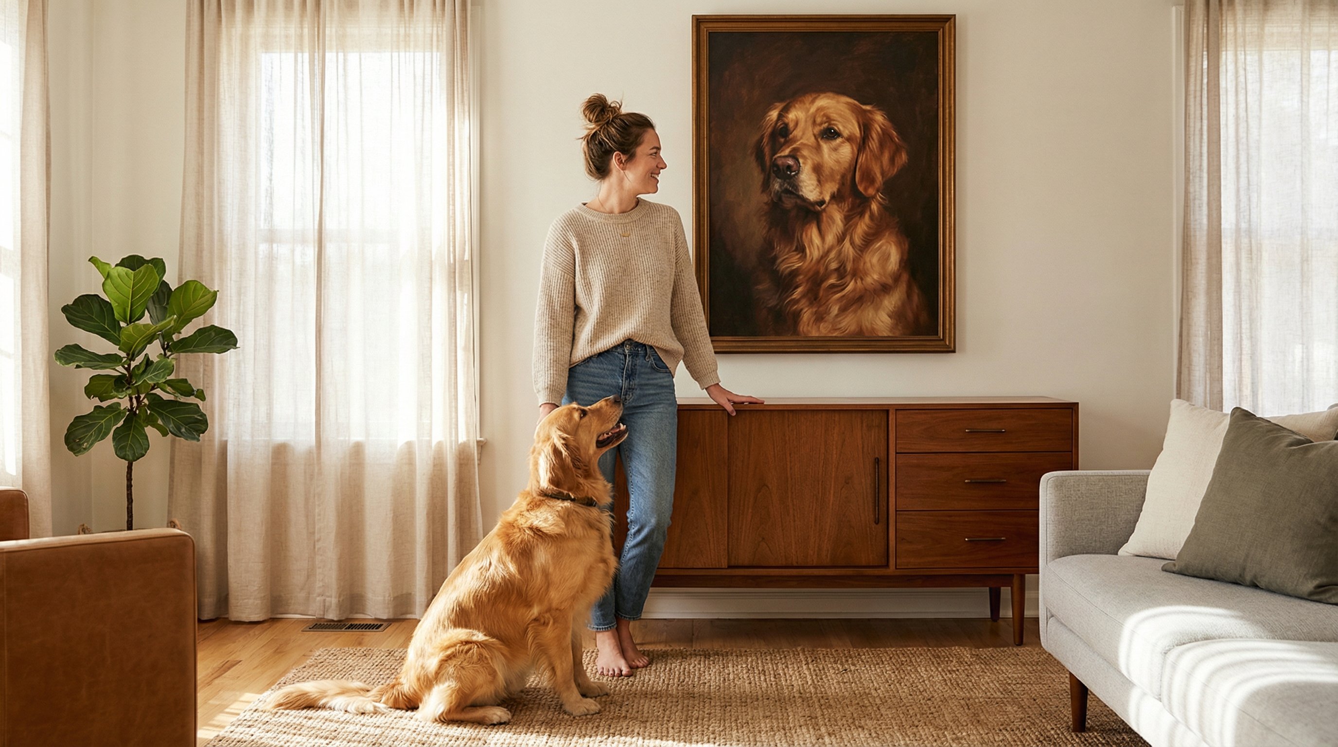Woman admiring a custom dog painting on her living room wall beside her golden retriever.