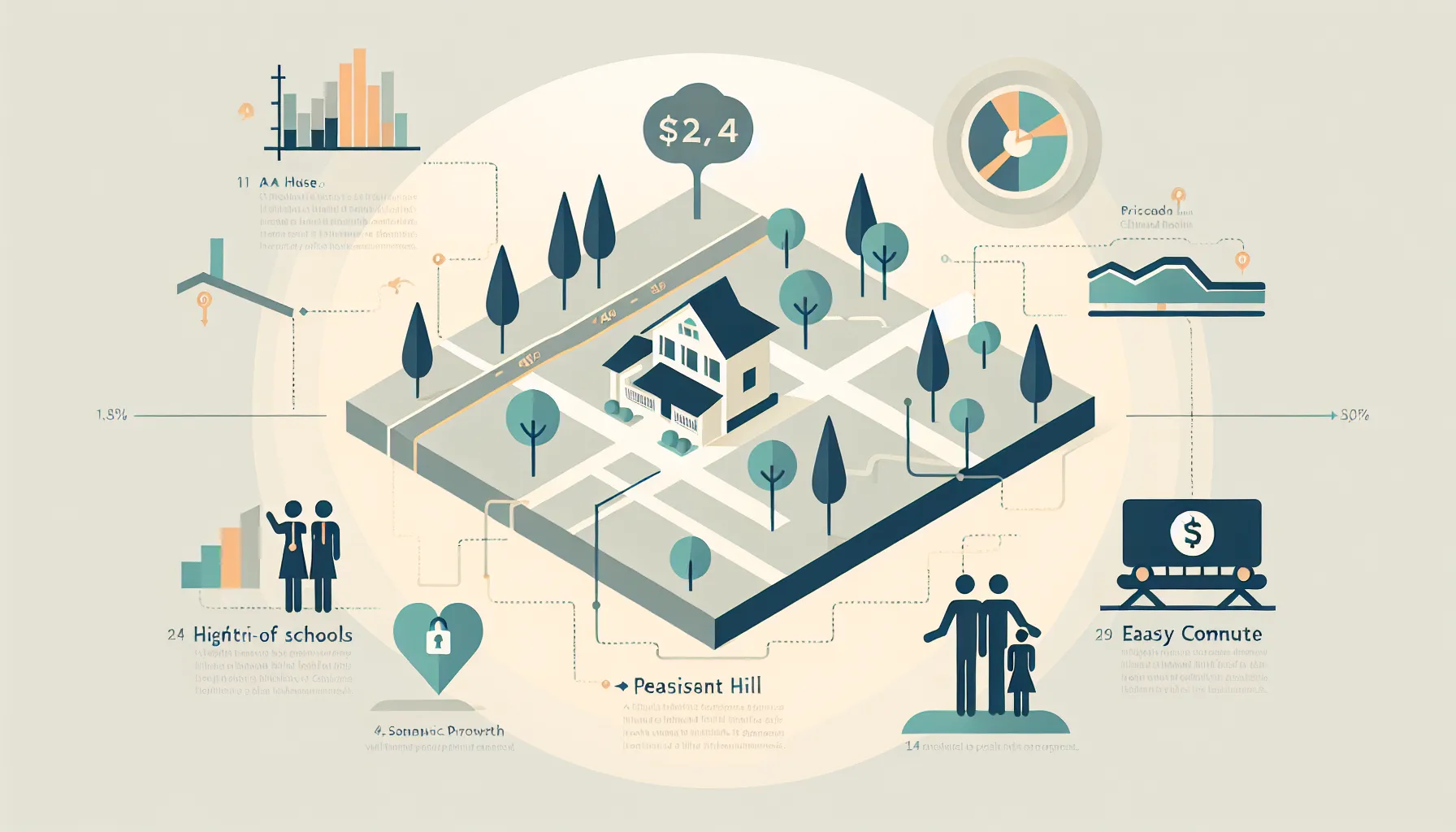 illustration of Pleasant Hill’s housing market highlights and community features