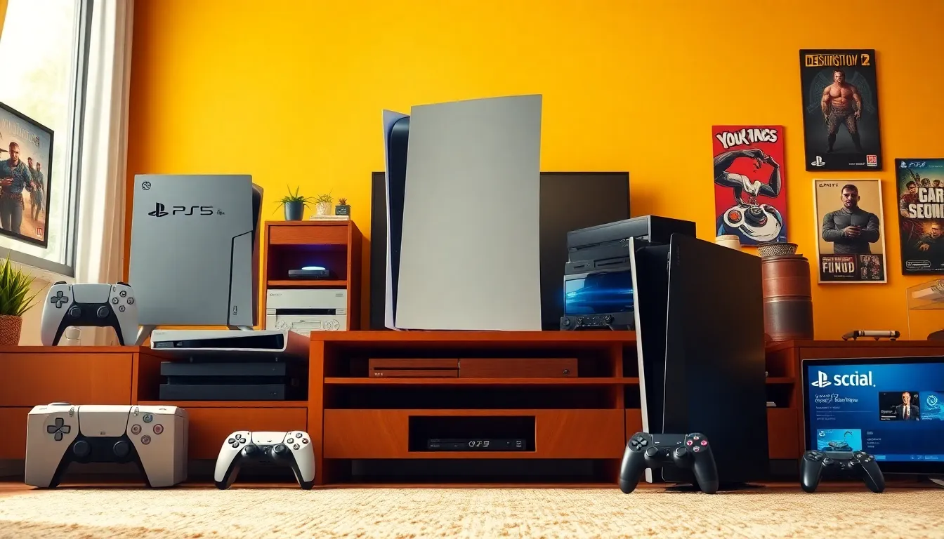 A collection of PlayStation consoles displayed in a cozy living room.
