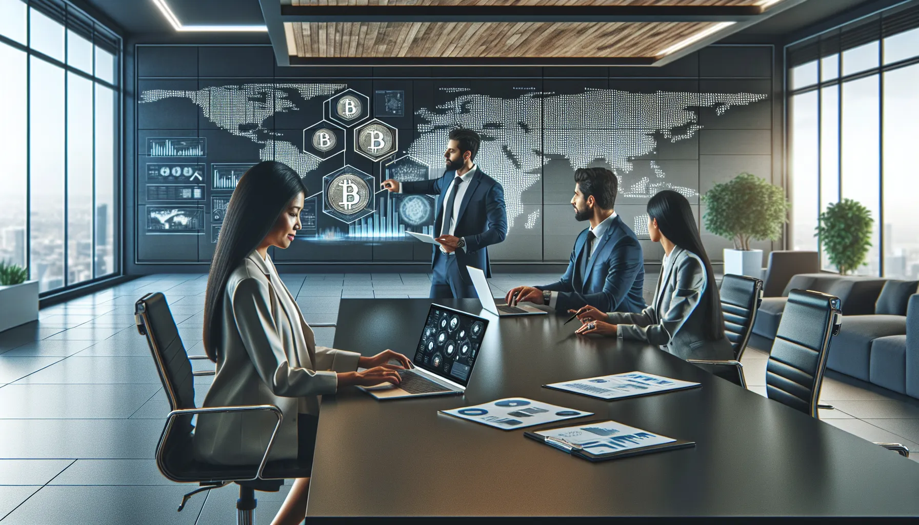 diverse finance team strategizing in a modern office setting.