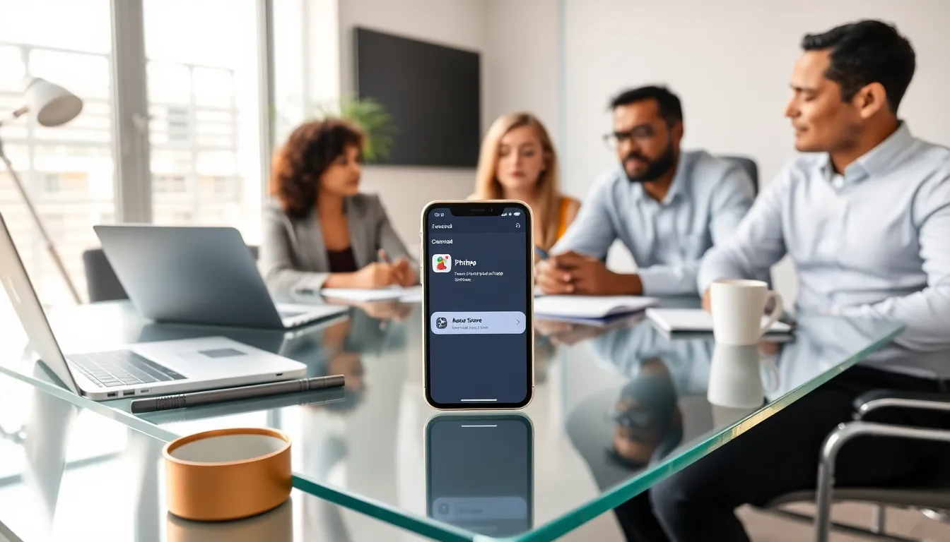 iPhone on a desk with professionals discussing app download issues.