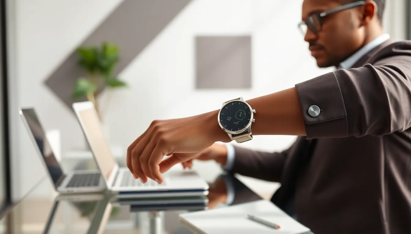 diverse professional using a Fossil Q wearable in a modern office.