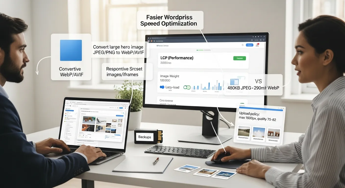 Professionals optimizing WordPress images with WebP, lazy-load, and performance metrics.