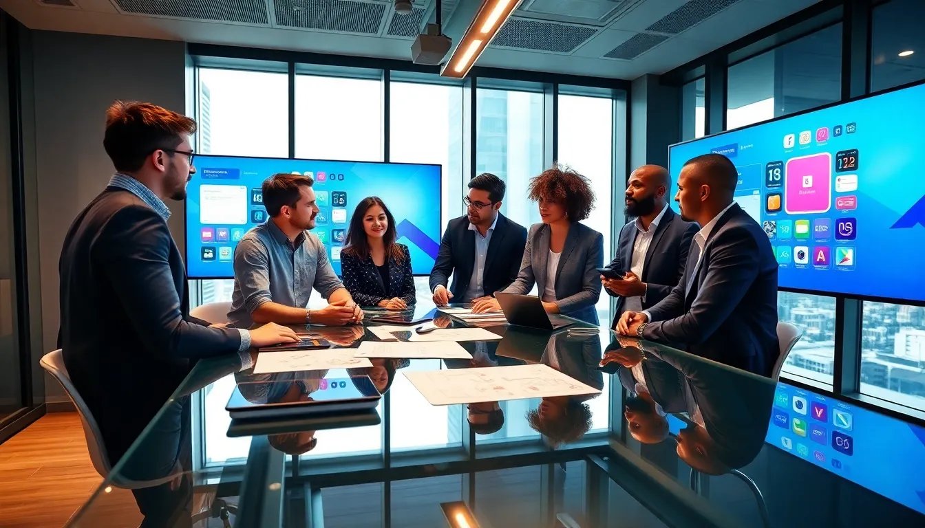 diverse team discussing mobile app development in a modern office.