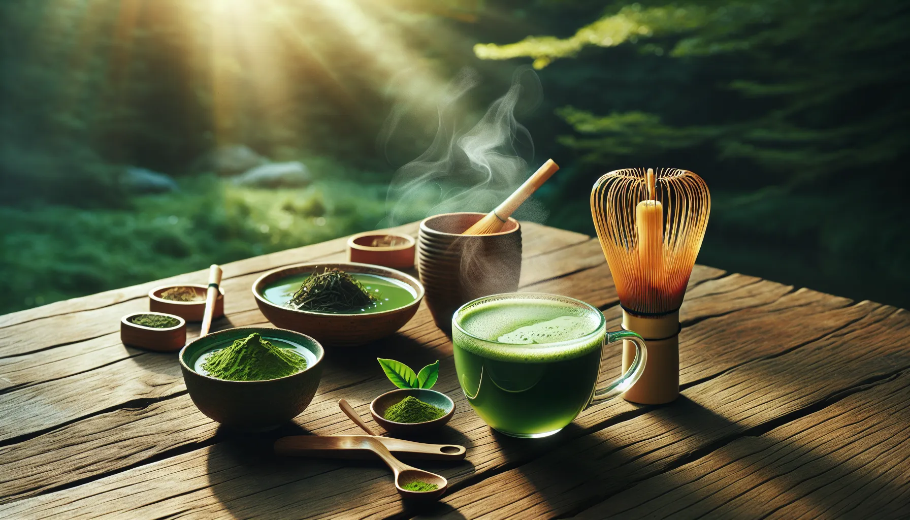 Two tea cups representing matcha and green tea outdoors on a wooden table.