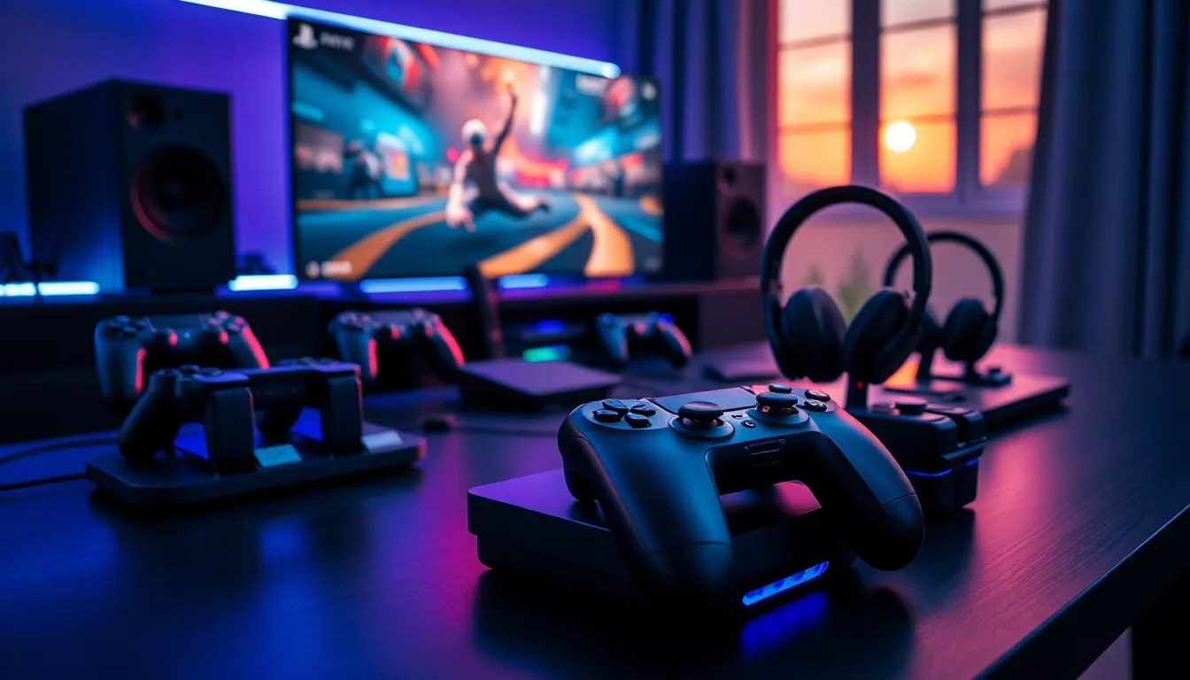 A colorful gaming setup featuring a PlayStation, controller, and headset.
