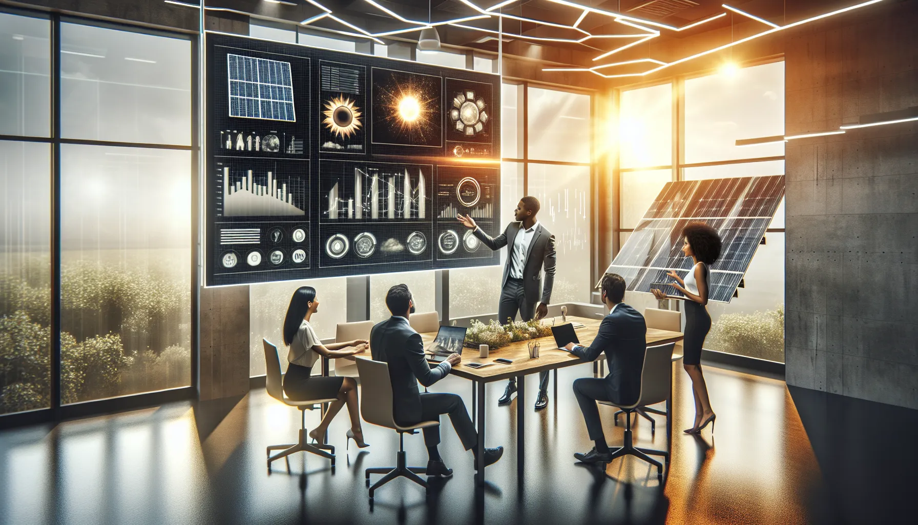 team discussing solar technology in a modern office.