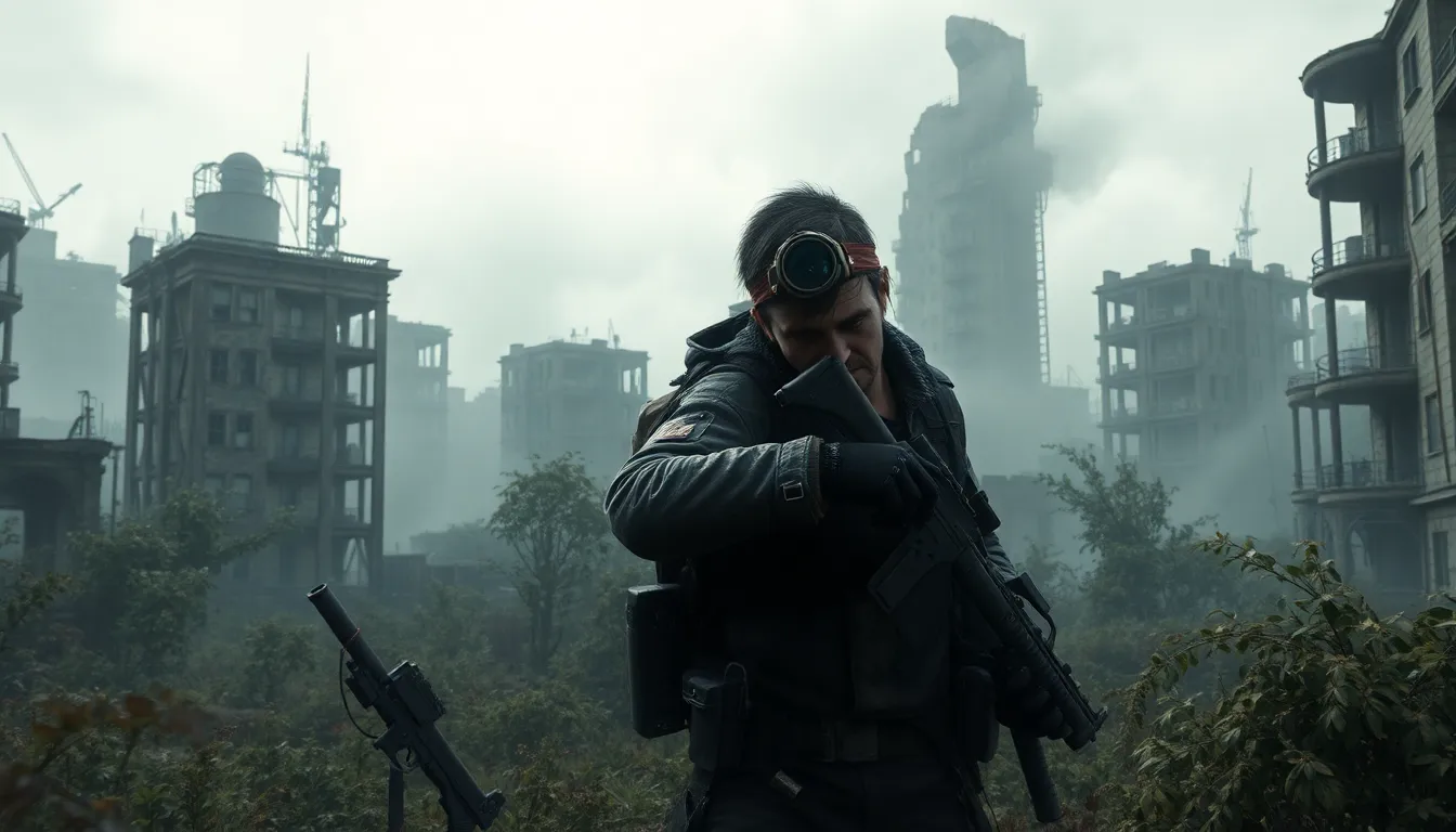 Survivor in a post-apocalyptic cityscape, embodying the game Evebiohaztech.