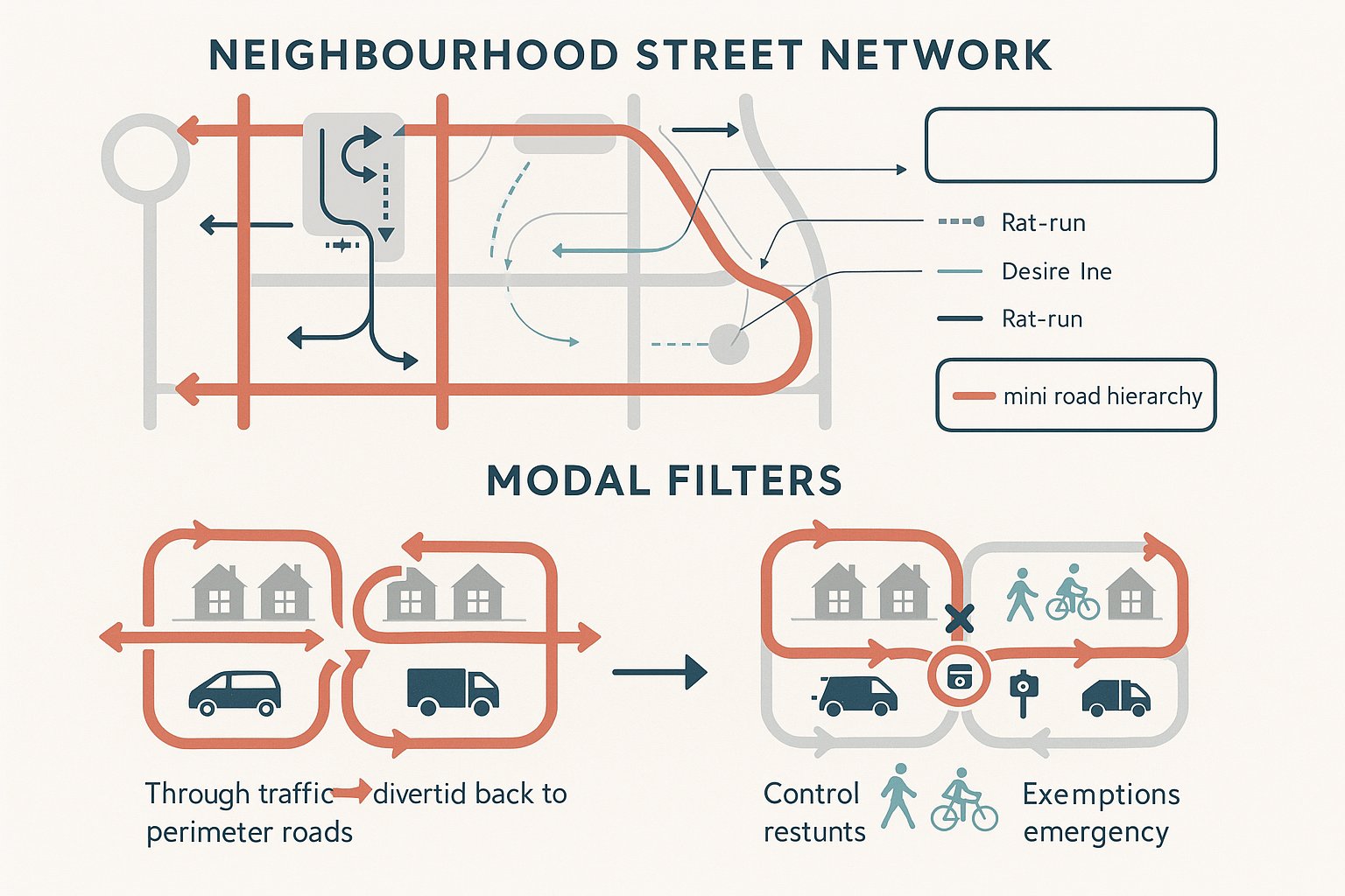 Infographic showing street hierarchy and traffic filtering in a UK low traffic neighbourhood.