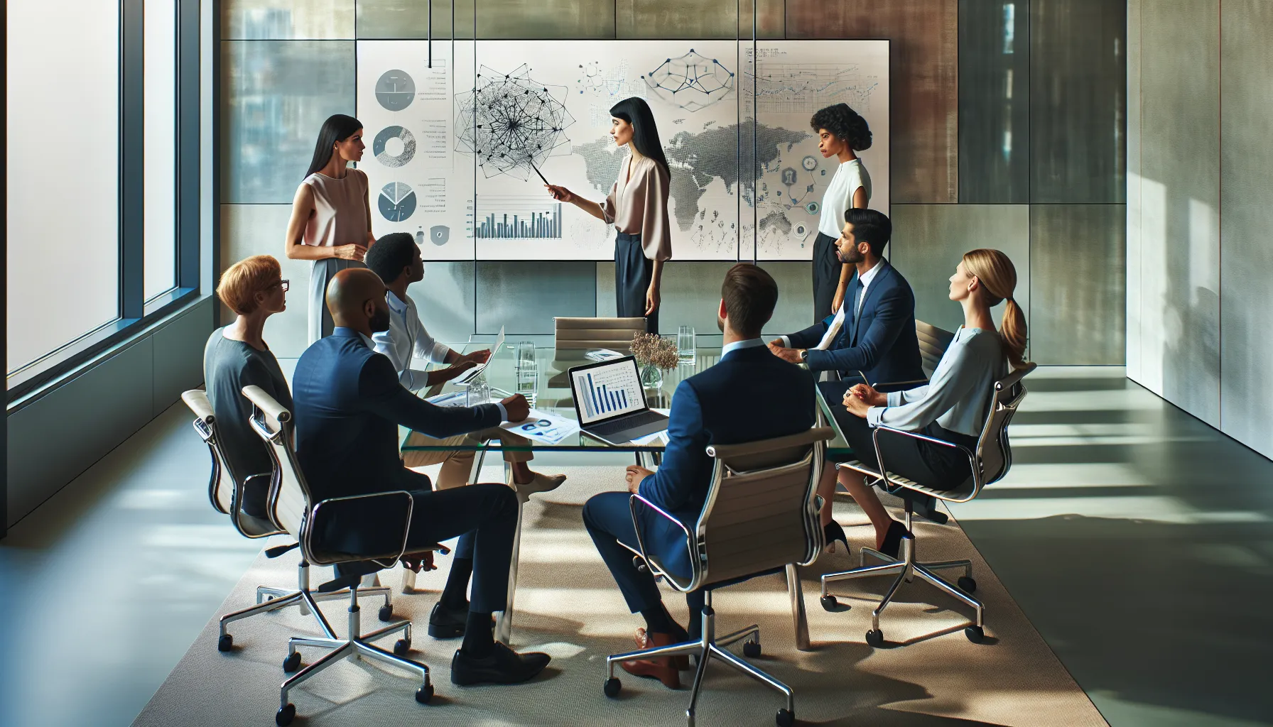 diverse professionals discussing data at a modern conference table.