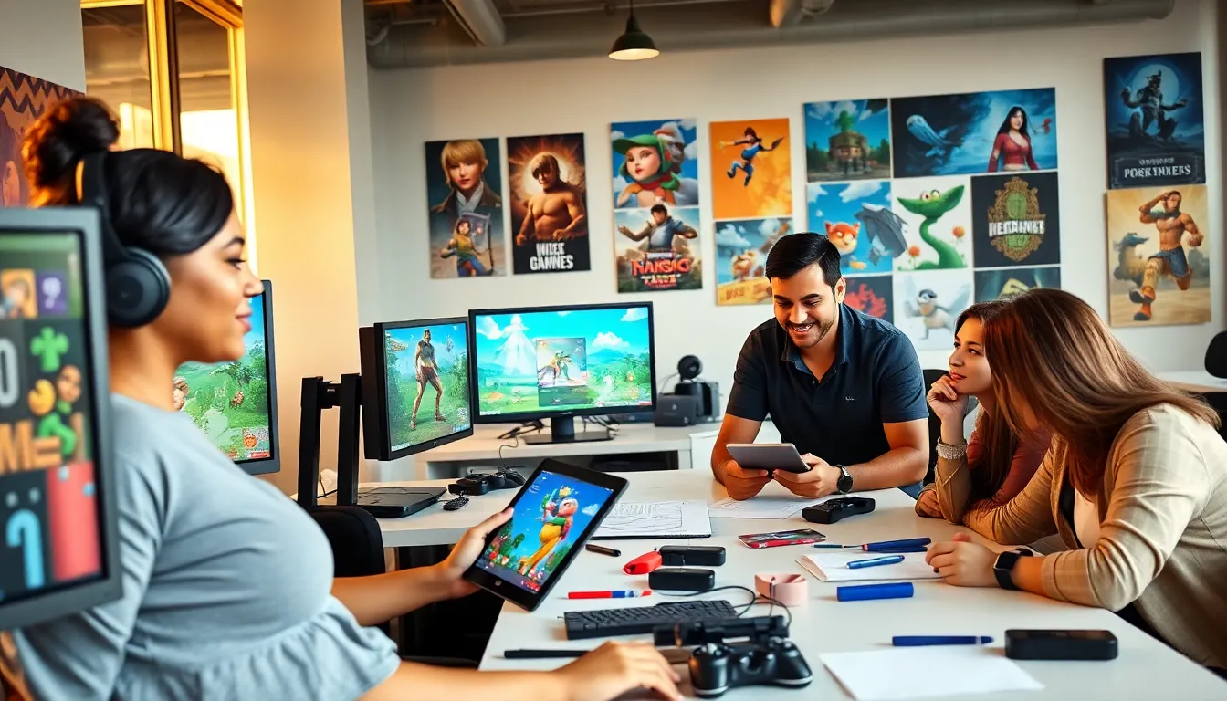 a diverse team of game developers collaborating in a modern office setting.