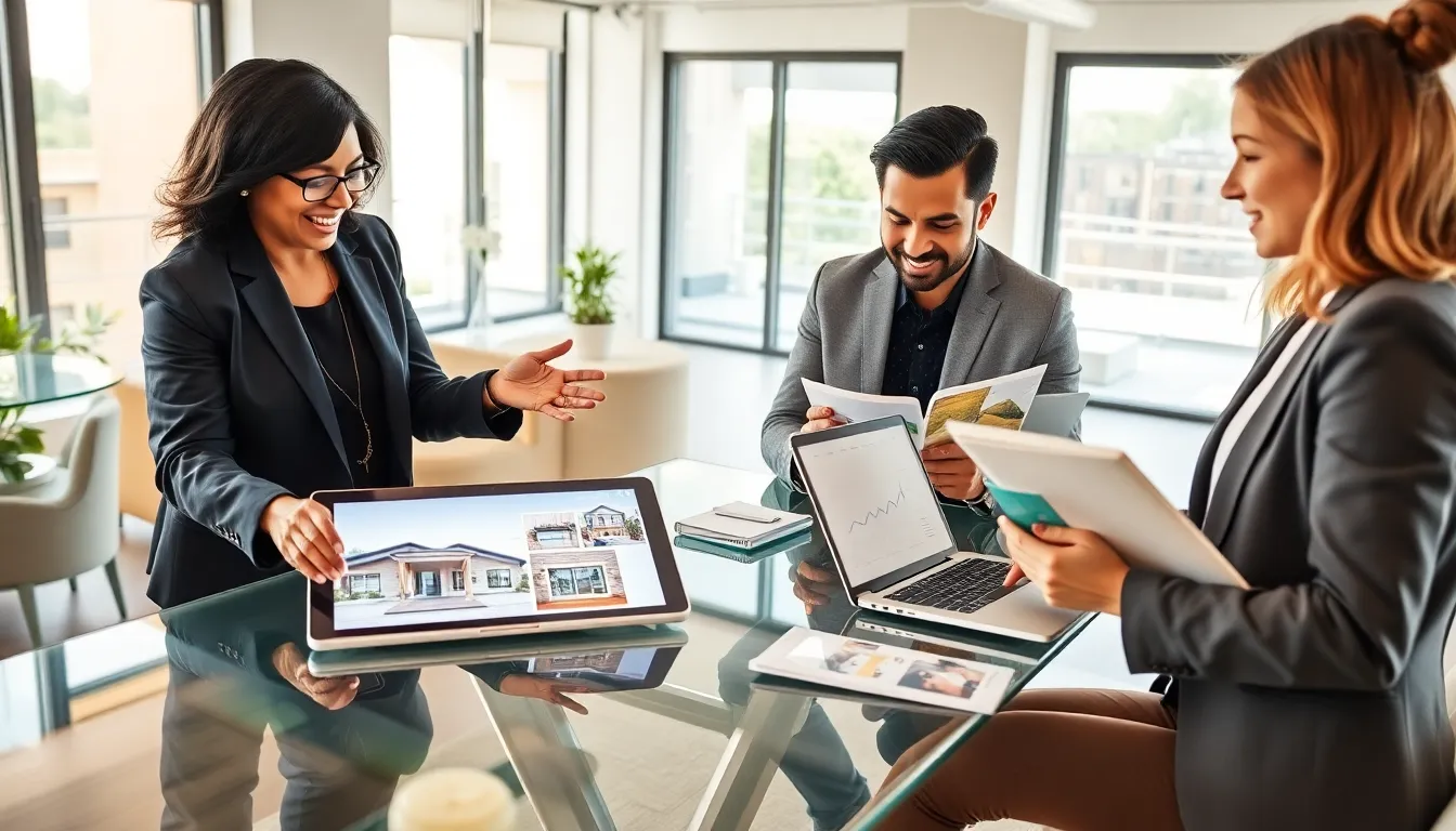 real estate agents collaborating with technology in a modern office