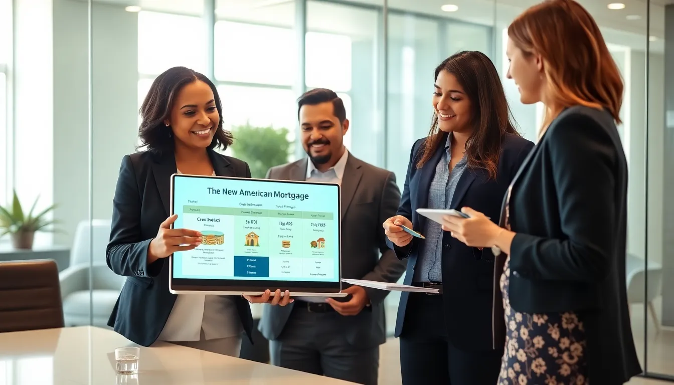 diverse team discussing New American Mortgage options in a modern office.