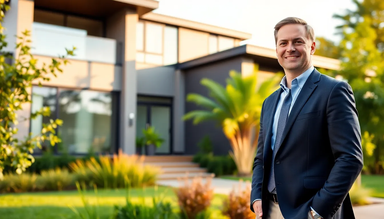 Timothy Homerocketrealty in front of a modern home, showcasing real estate expertise.