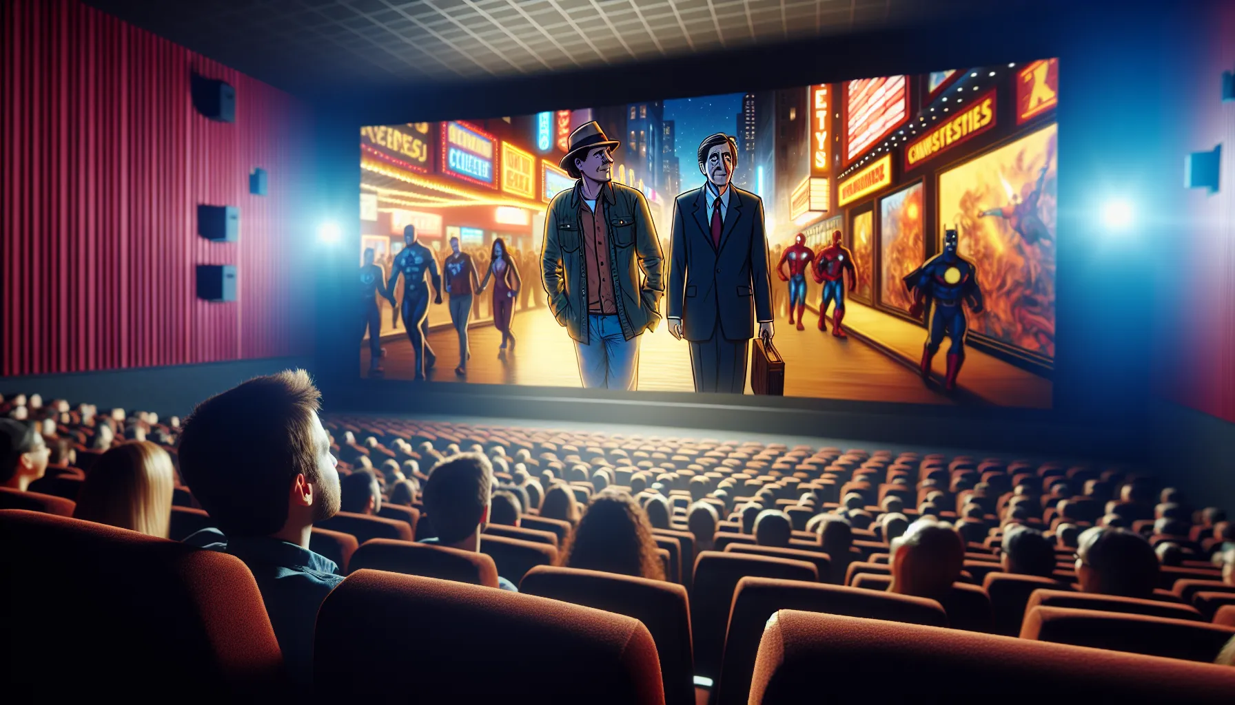 Audience watching Stan Lee in a Marvel film cameo scene in a cinema.