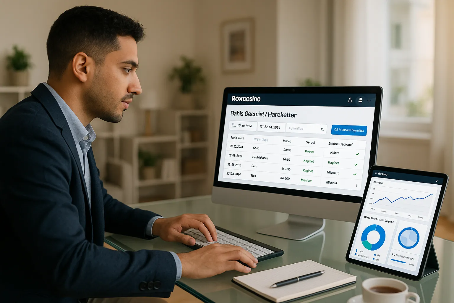 User at desk viewing Raxcasino betting history dashboard in Turkish.