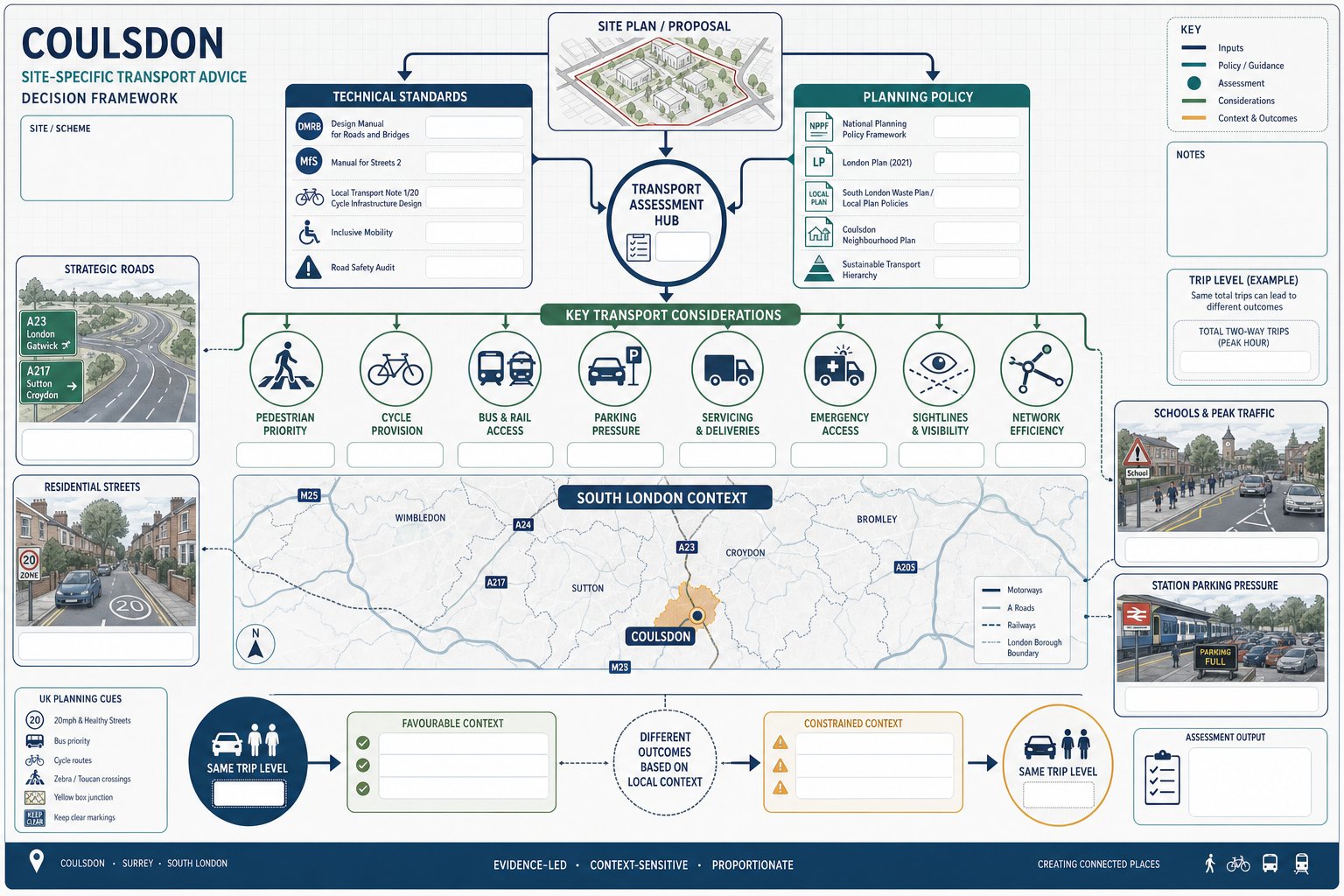 Infographic showing how planning and highway factors shape transport advice in Coulsdon.