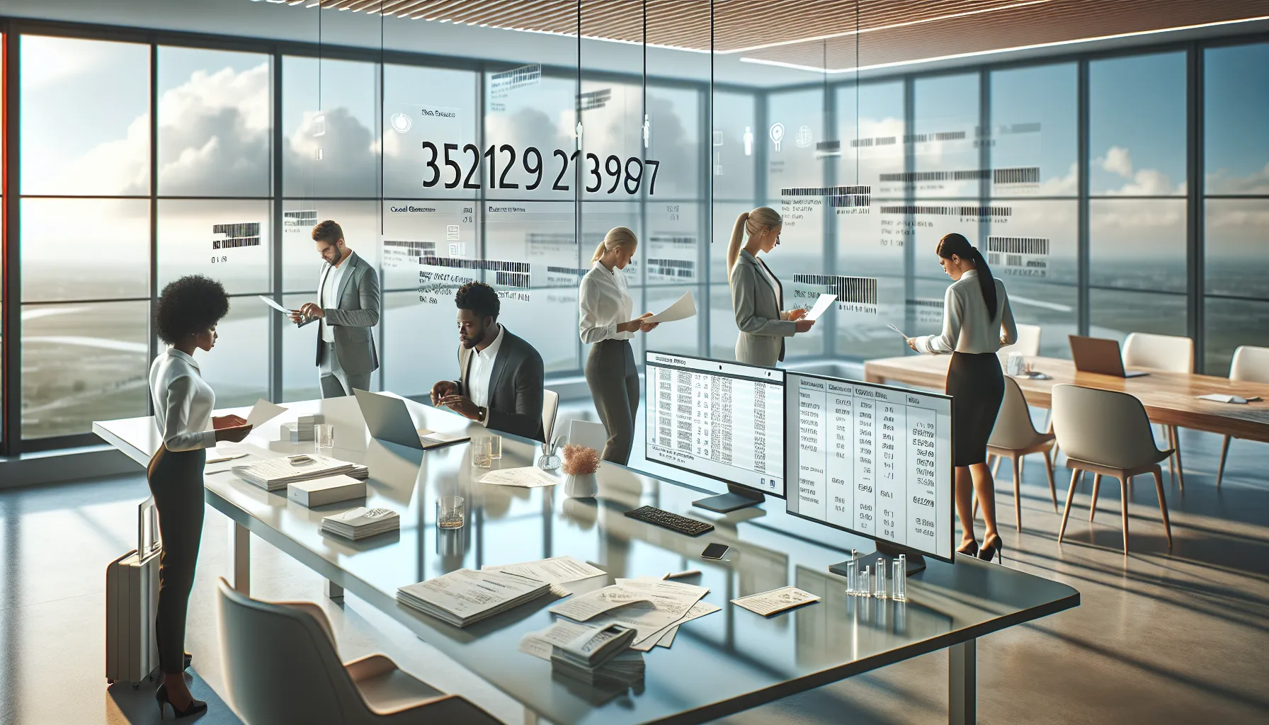 professionals discussing applications of a product reference number in a modern office.