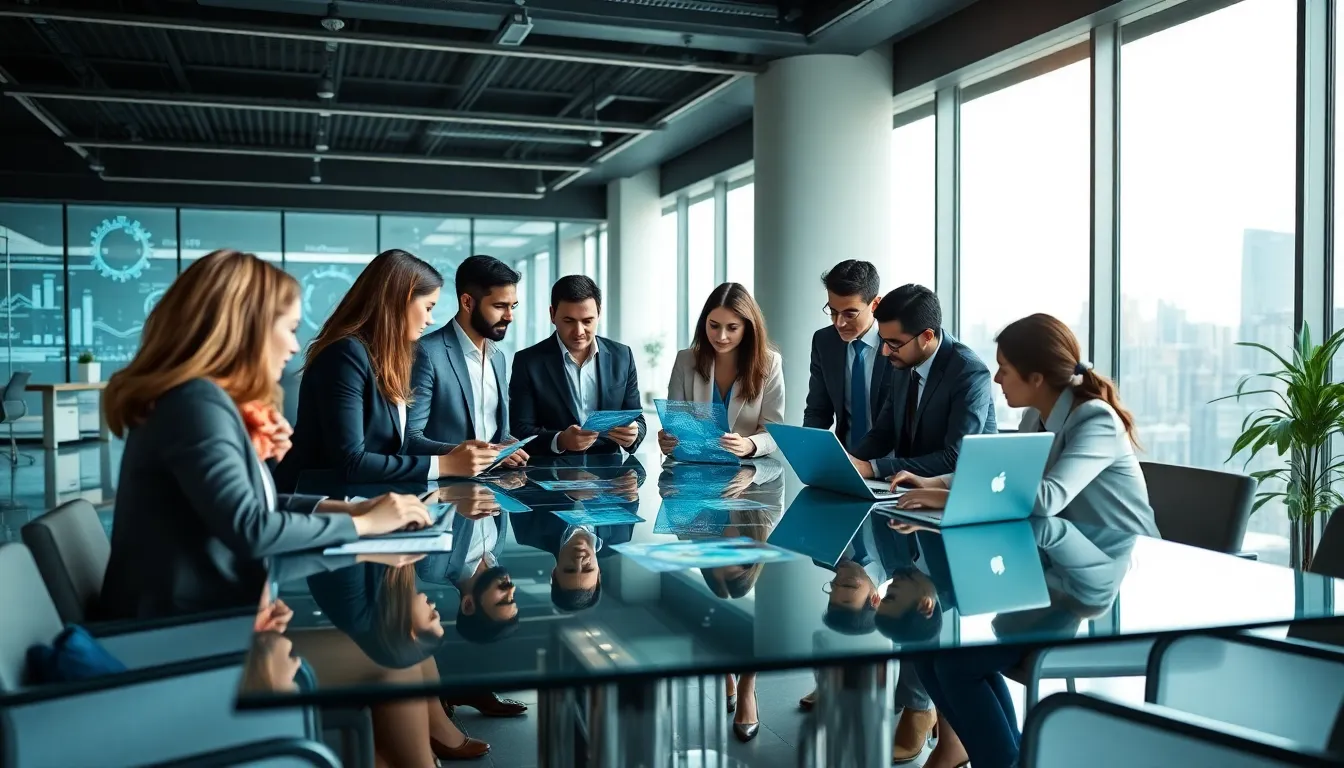diverse team analyzing data in a modern office setting.
