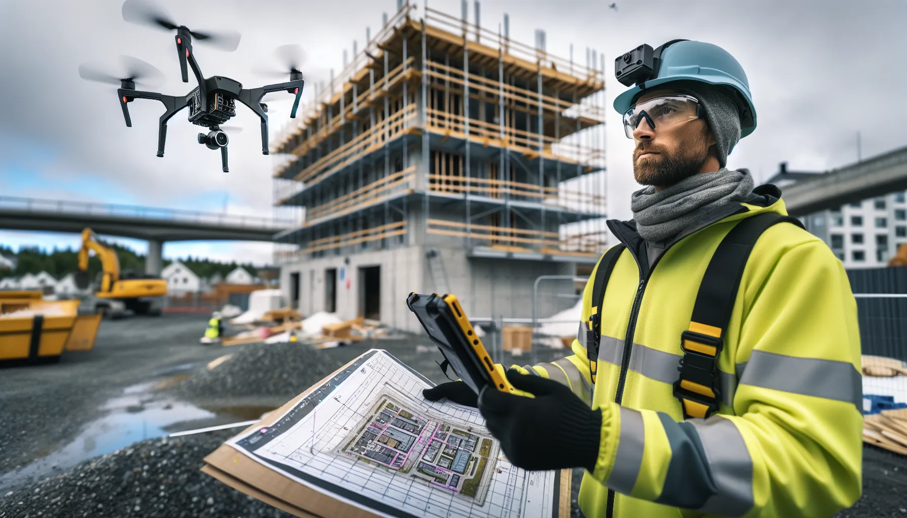 Engineer uses a drone and tablet to inspect a norwegian construction site.