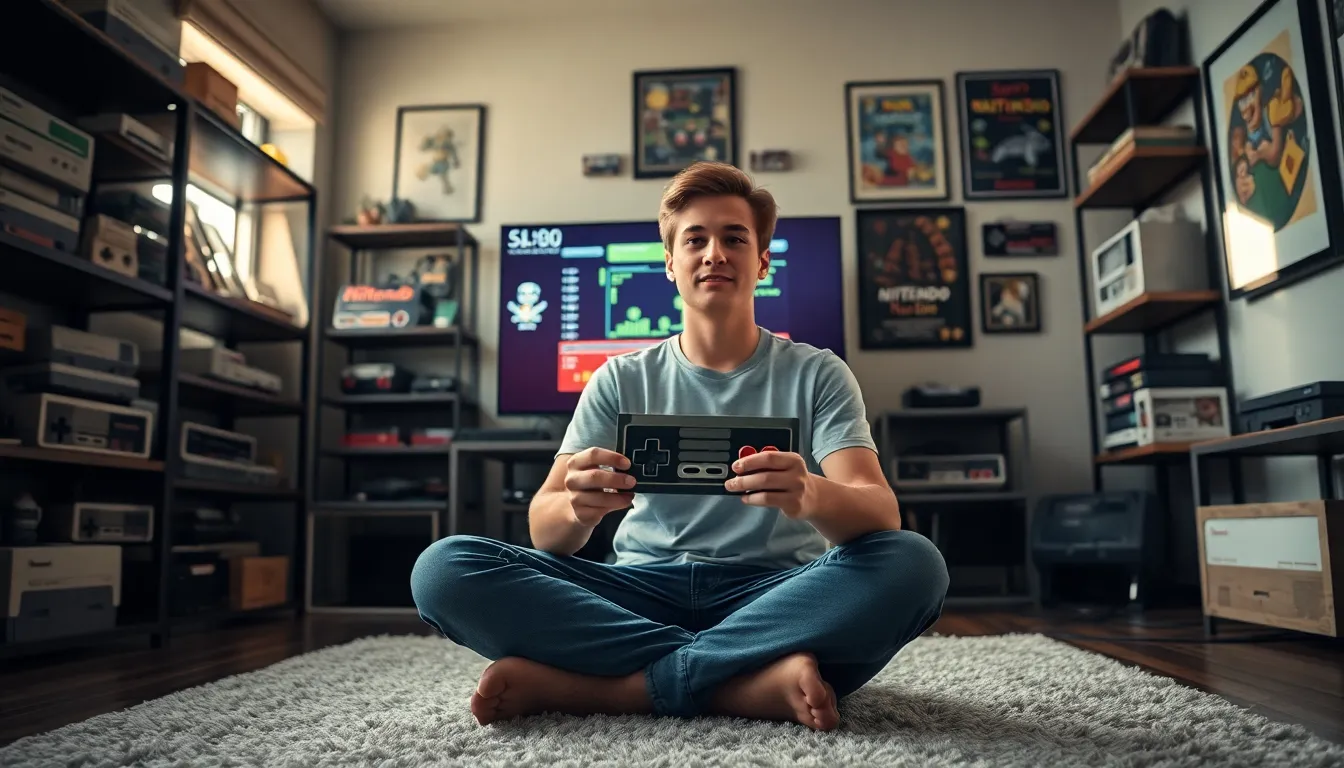 a young man playing Nintendo games in a nostalgic gaming room.