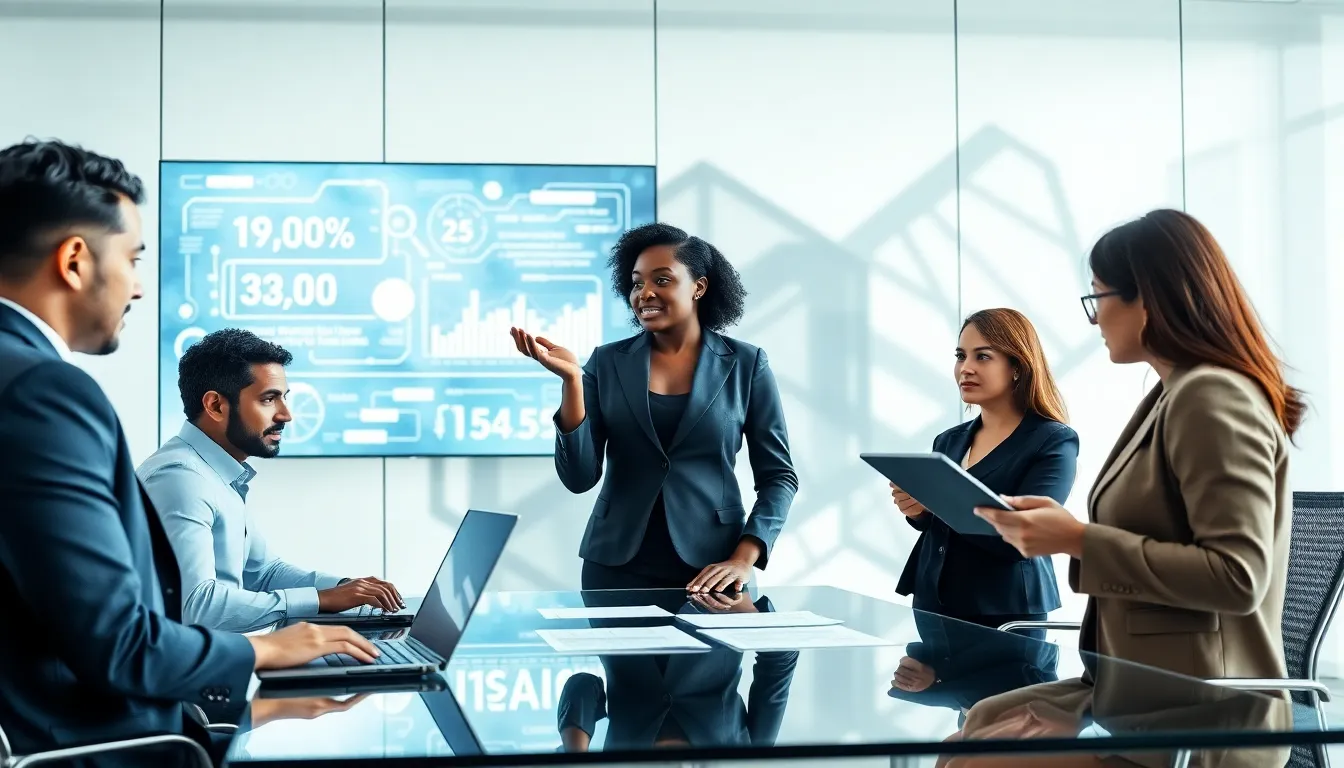 diverse professionals discussing numbers in a modern conference room.