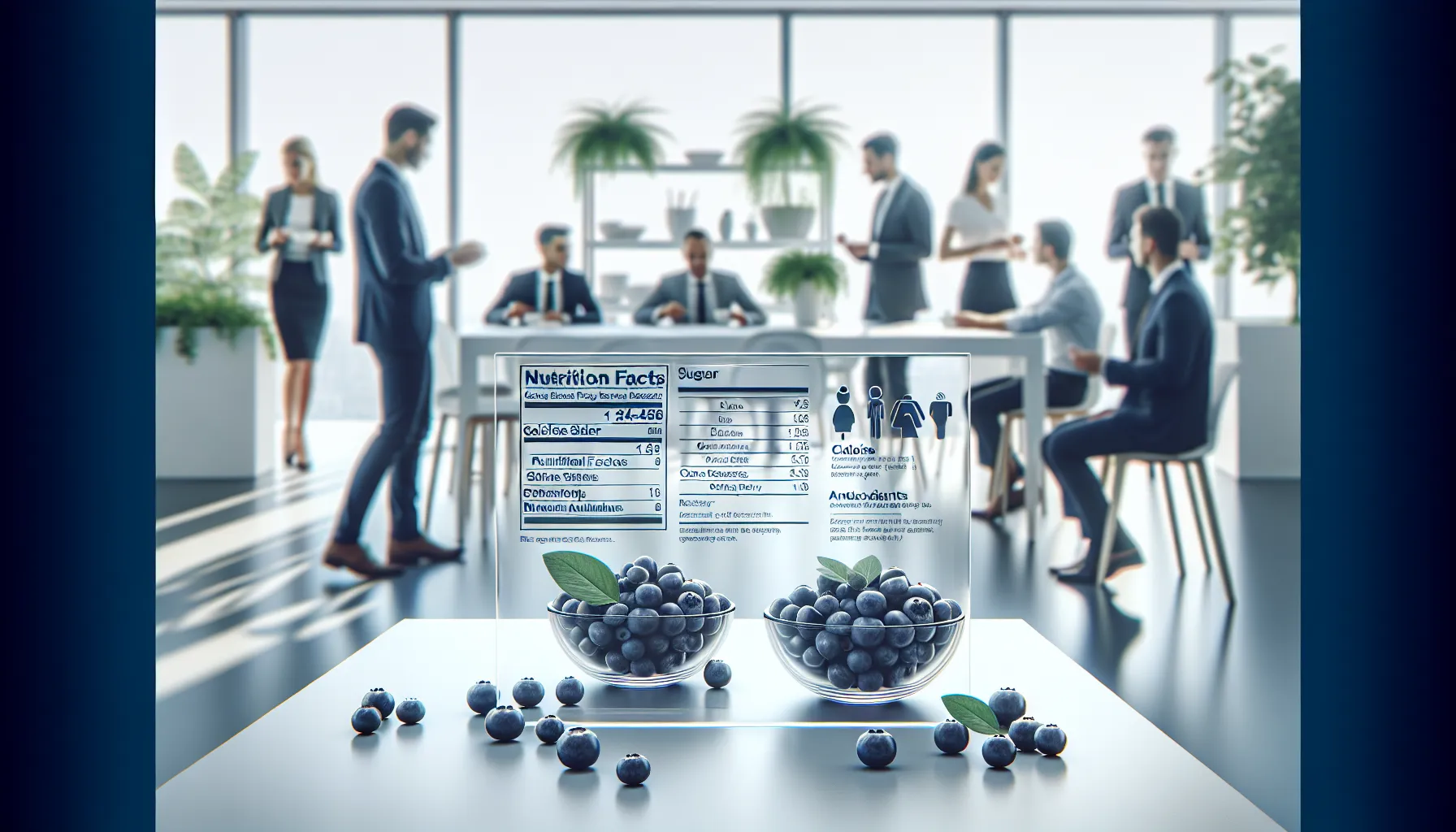 Blueberries in a glass bowl beside a nutrition sheet on a modern table.