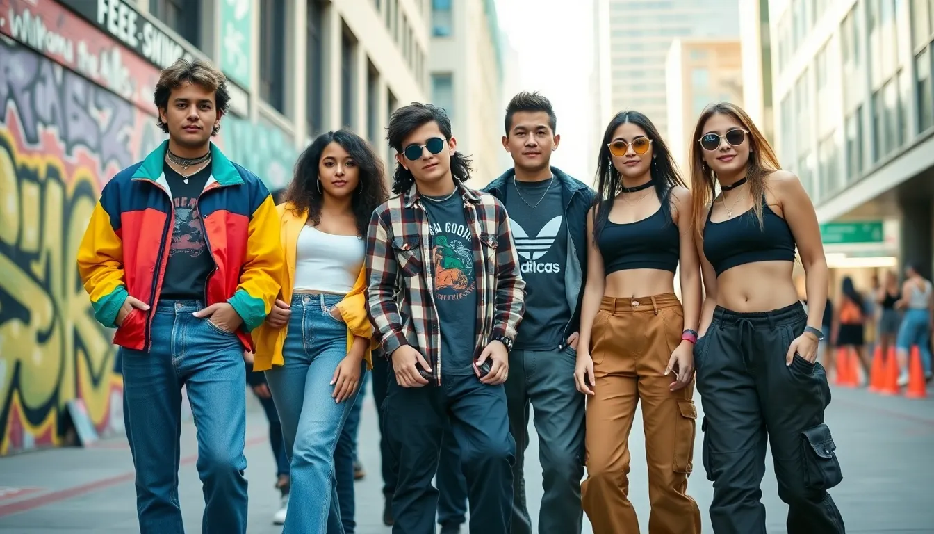 young people wearing iconic 90s outfits in an urban setting.