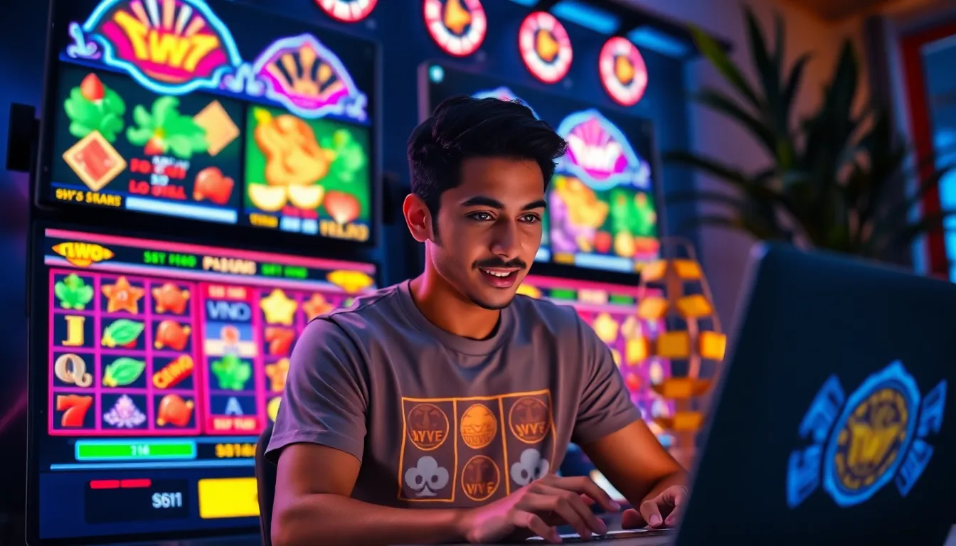 a focused player engaging with a colorful online slot game on his laptop.