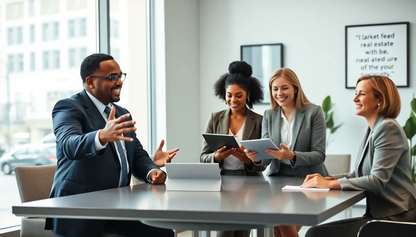 real estate professionals collaborating in a modern office space.