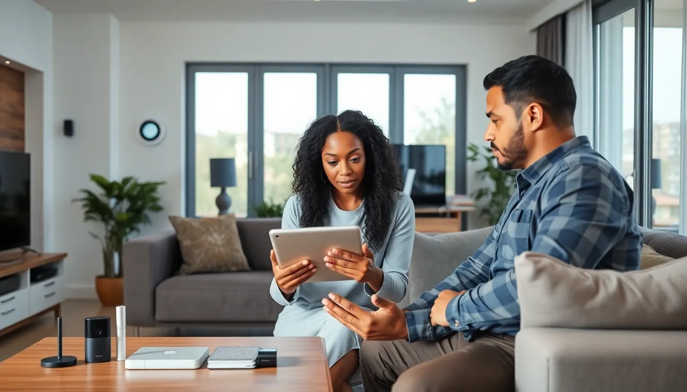 professionals discussing smart home security in a modern living room.