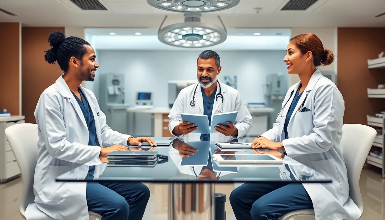 diverse surgeons discussing patient care in a modern hospital.