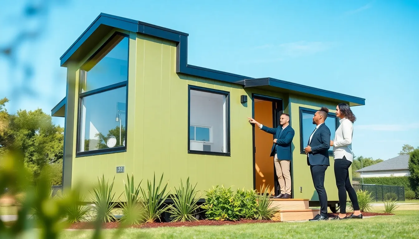 modern tiny home exterior with two people discussing design in Raleigh.