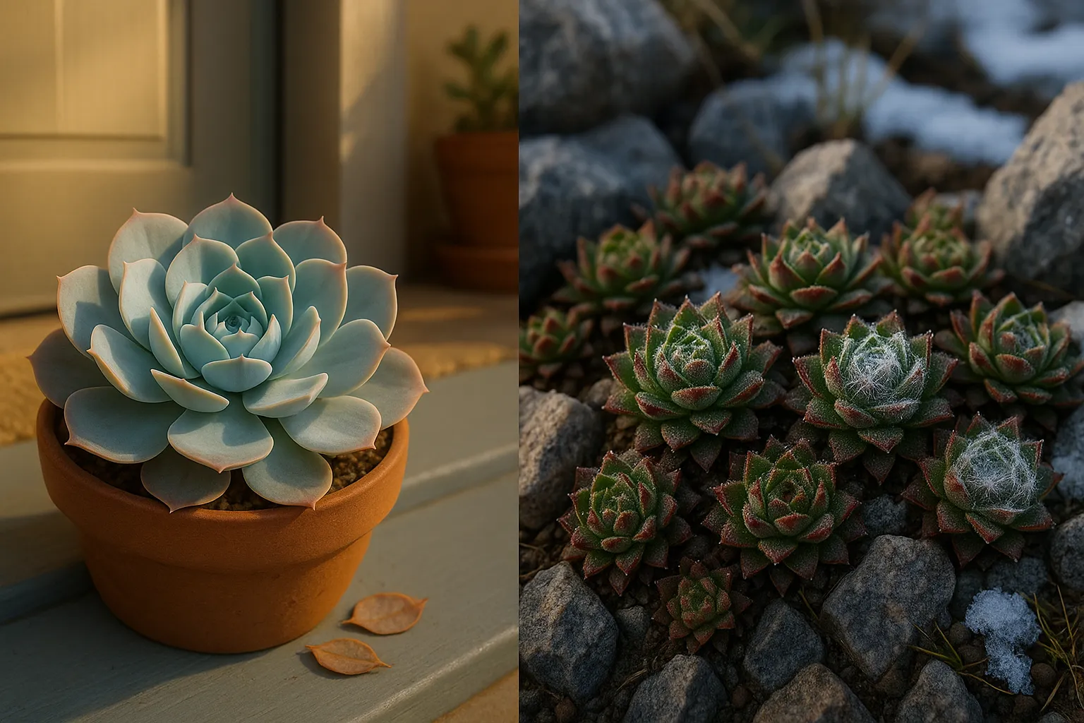Echeveria in a pot beside frosty Sempervivum in a rock garden.