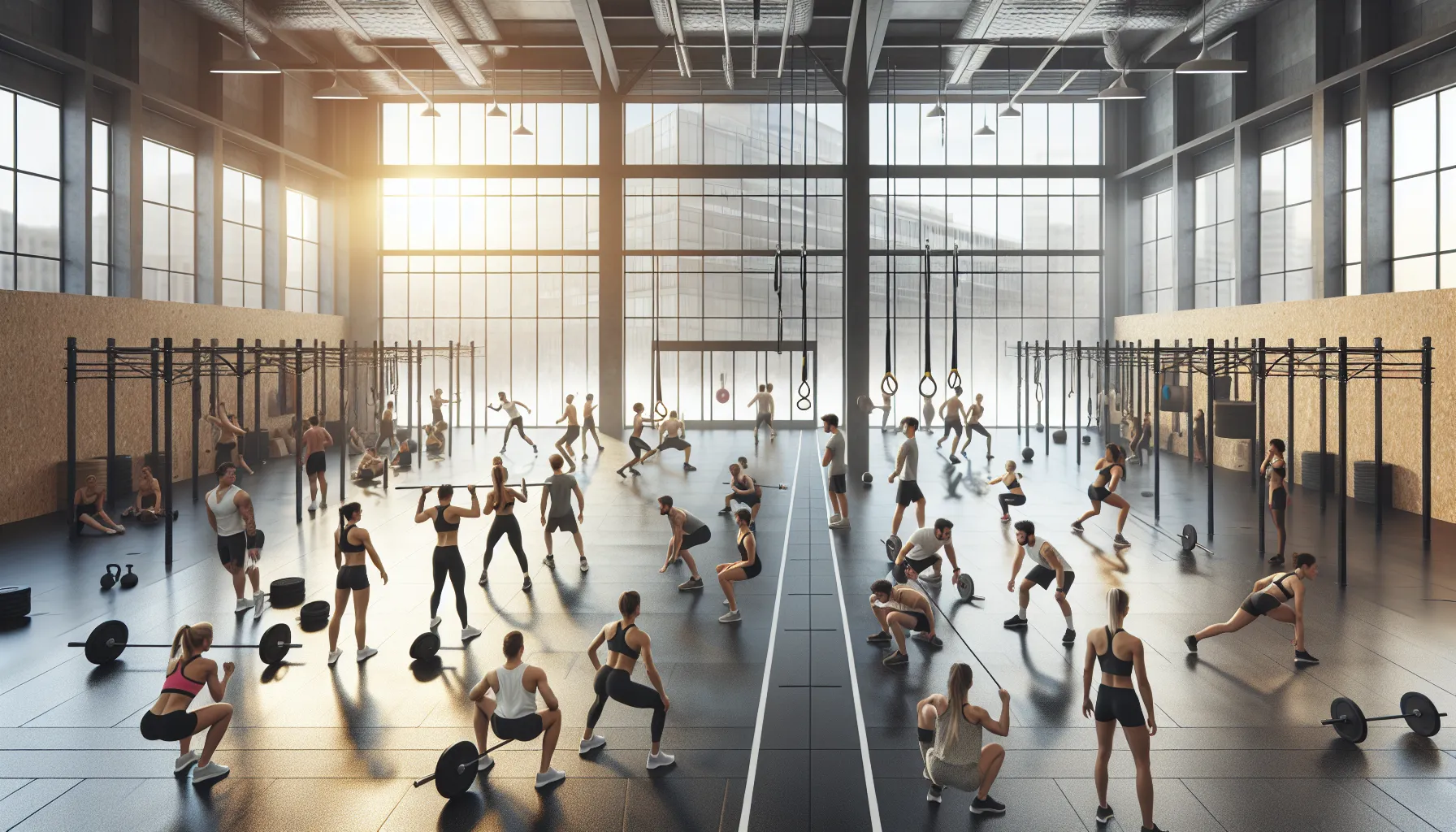 A fitness studio showing CrossFit and HIIT sessions side by side.