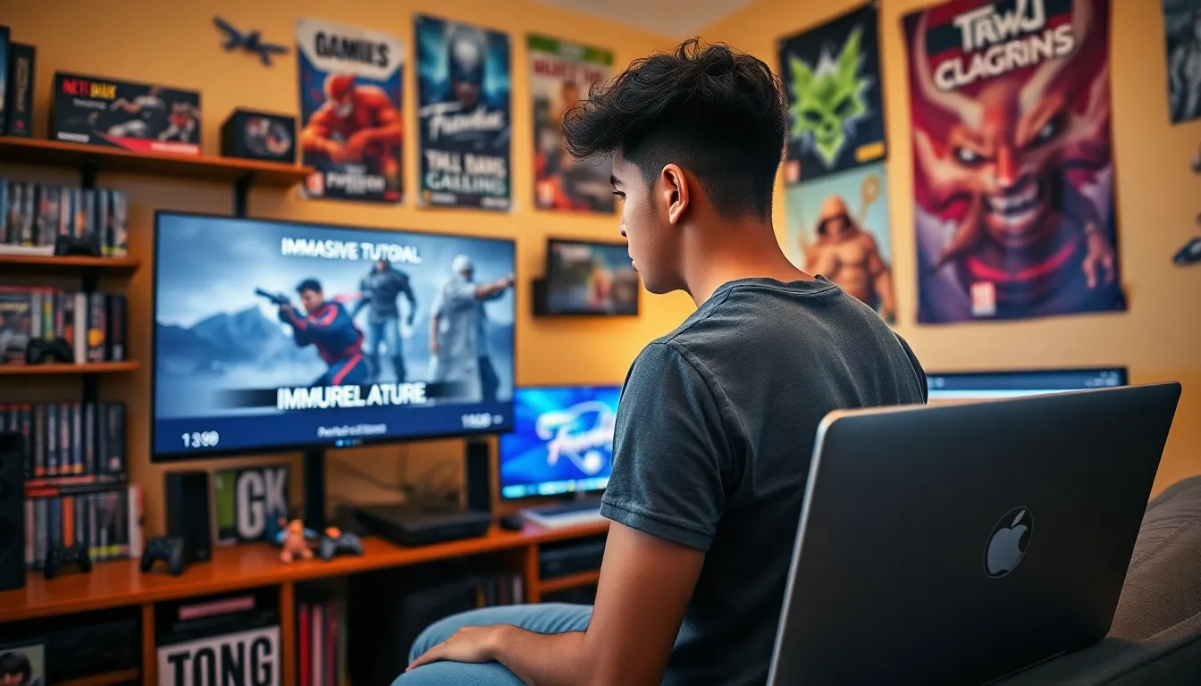 A young man focused on a gaming setup with tutorials displayed.
