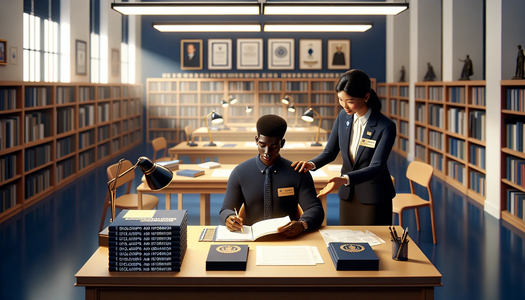 A student consulting with an advisor about scholarships and grants in an office.