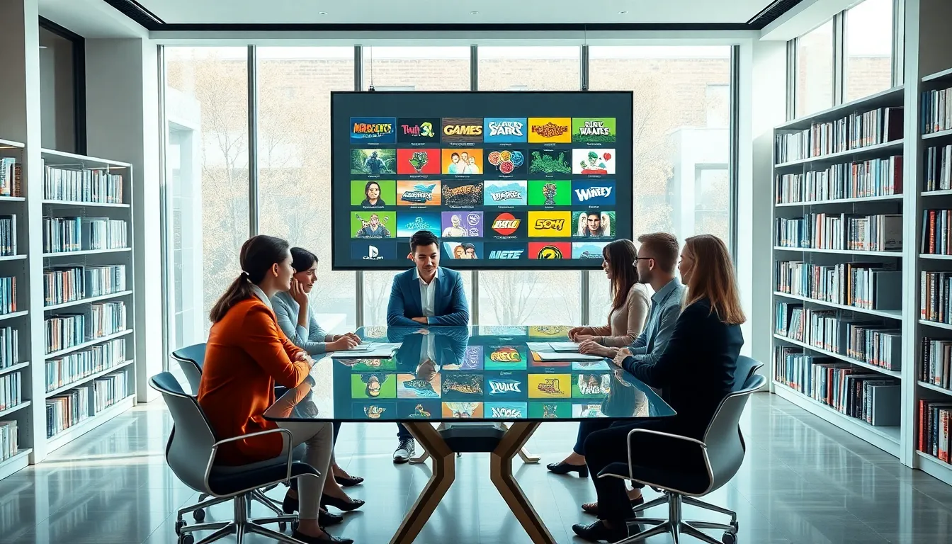 diverse team discussing video games in a modern digital library.