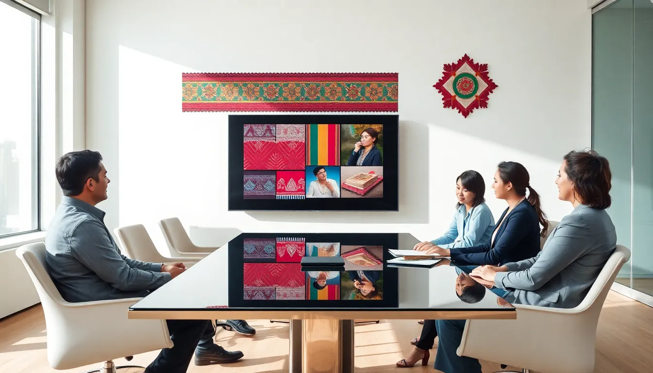 diverse team discussing suĺamericana in a modern office setting.