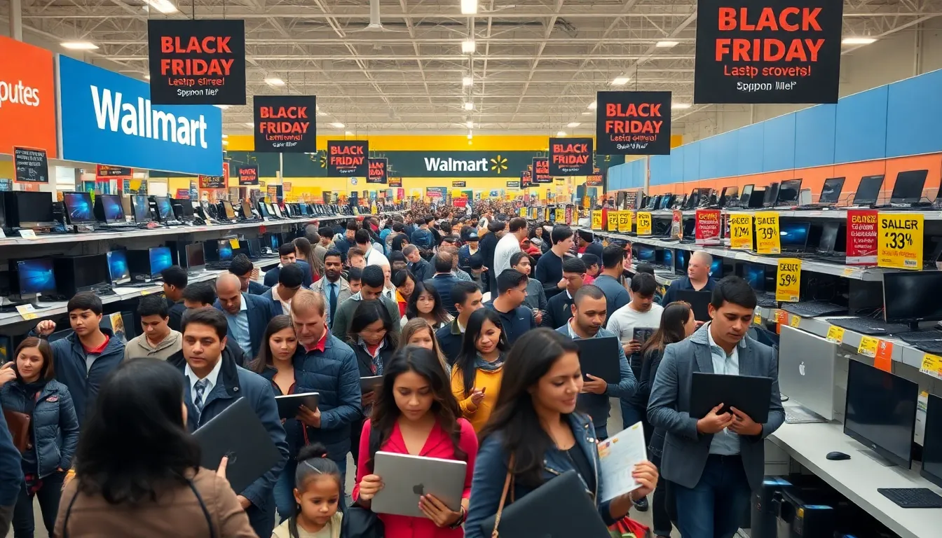 Shoppers in Walmart during Black Friday looking for computer deals.