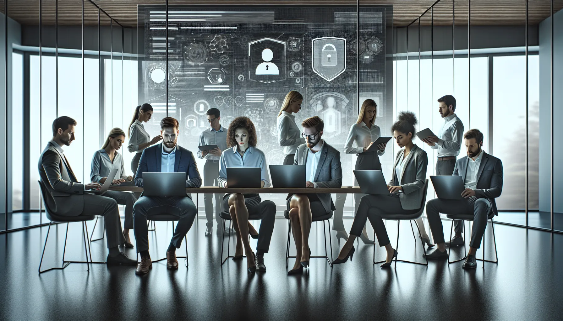 diverse professionals discussing online security in a modern office.