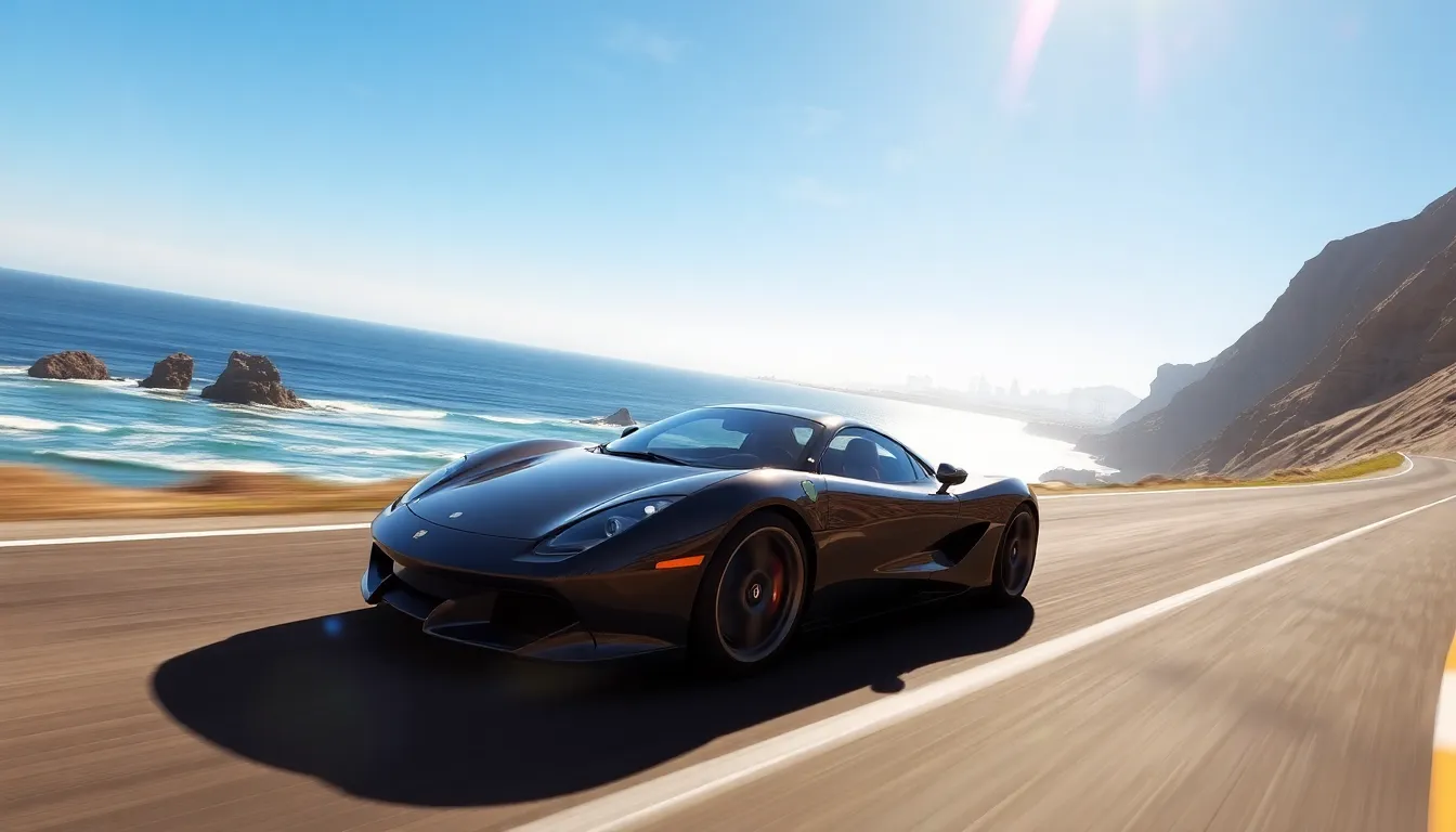 sports car racing along a sunny California coastline.
